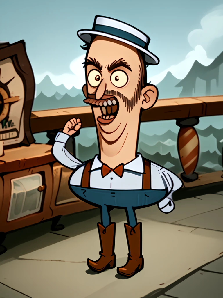 <lora:Dr_Barber_-_Misadventure_of_Flapjack:1> 1boy, male focus,  solo, lips, gumline, teeth, mustache, muttonchops, hat, boater hat, hat with stipe, bow, bowtie, brown bow tie, collared shirt, brown suspenders, blue pants, brown boots, full body, cartoon, character,, source_cartoon, score_9, score_8_up, score_7_up,