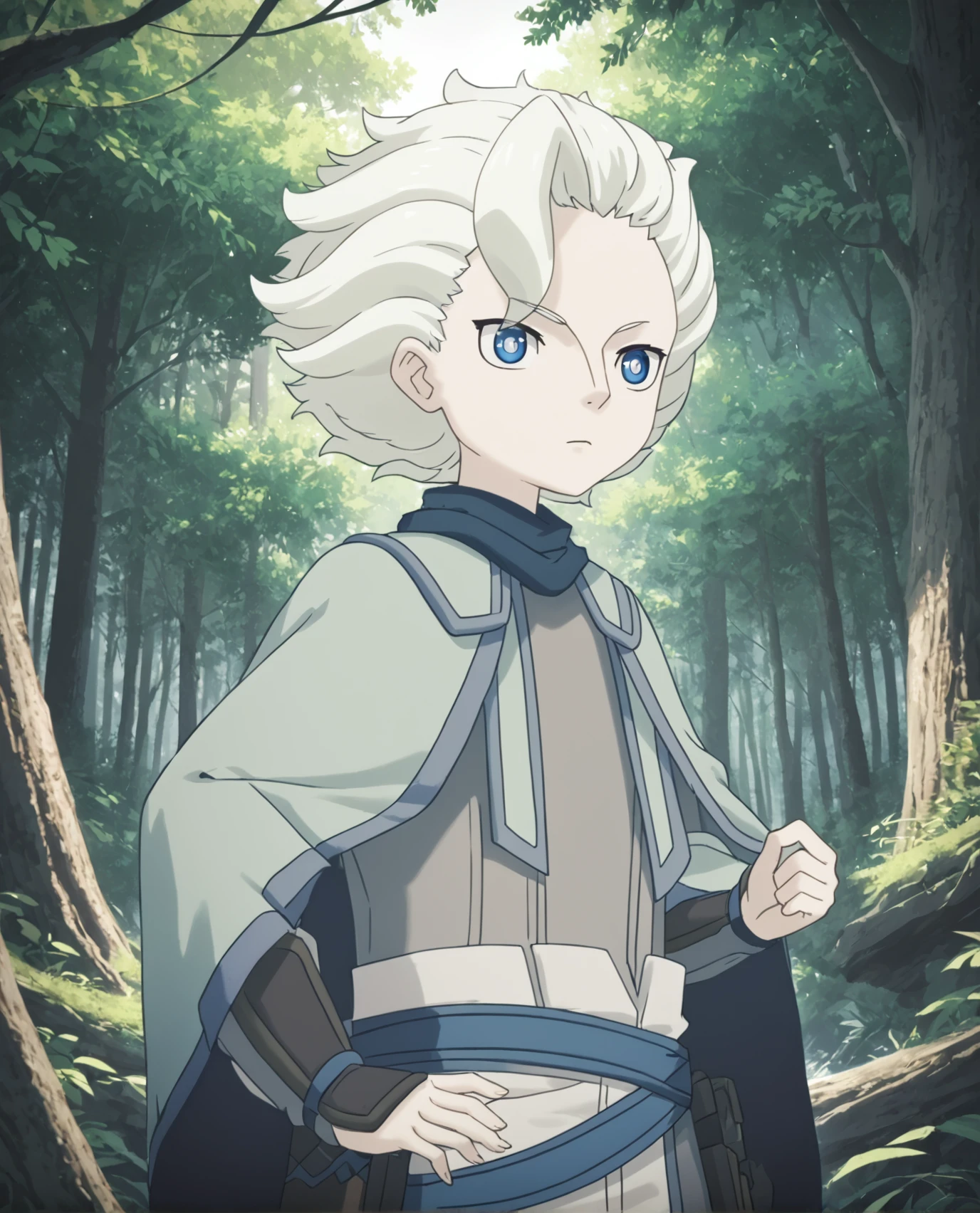 <lora:Belaf_Made_in_Abyss:1>, white hair, blue eyes, belaf, forest, score_9