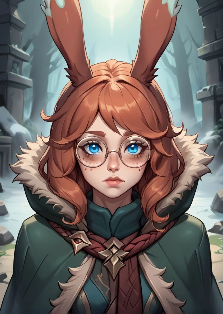 <lora:Load-IdentityPony:0.6>,face close up <lora:Aurora:0.8> aurora (league of legends), 1girl, solo, blue eyes, rabbit ears, rabbit tail, round eyewear, green cloak, fur trim,