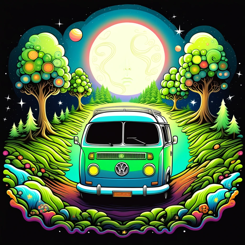 Car, van, hippie, trees, space, green and blue