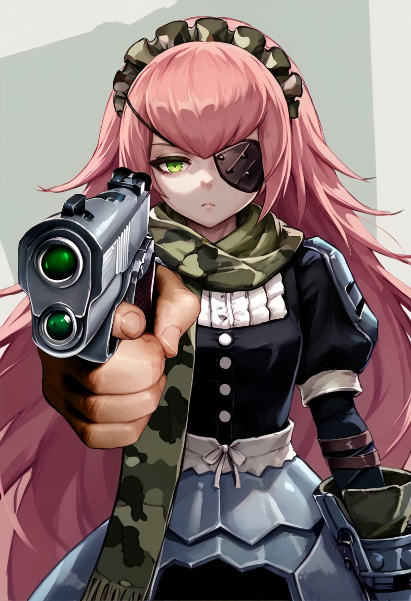 score_9, score_8_up, score_7_up, upper body, solo, 1girl, cz2128delta, expressionless, looking at viewer, holding weapon, handgun, holding gun, aiming at viewer, revolver, finger on trigger, pink hair, maid headdress, eyepatch, camouflage, frills, armor, black dress, puffy sleeves, green scarf <lora:ol_cz2128delta_ponyXL:1> <lora:HandPointingAGunMeme_XLPD:1>