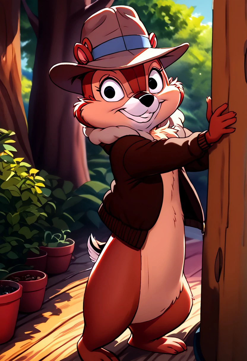 score_9, score_8_up, score_7_up, (best quality:1.1), ultra-detailed, great quality, anthro, high resolution, (((8k))), 1boy, chipmunk, chipmunk boy, day time, chipmunk ears,  smile, turned to viewer, 3/4 side view, upper  angle view, sharp detailed chipmunk hands, wearing hat, Chip, natural light, detailed sun rays, summer,  daytime, BREAK., highly detailed background, (tree house bedroom:1,4),  showing musculled bicepse, detailed chipmunk legs, detailed barefoot, brown jacket, highly detailed face, (very detailed face:1.4), fluffy fur, (sharp detailed:1,4) no smooth detailes