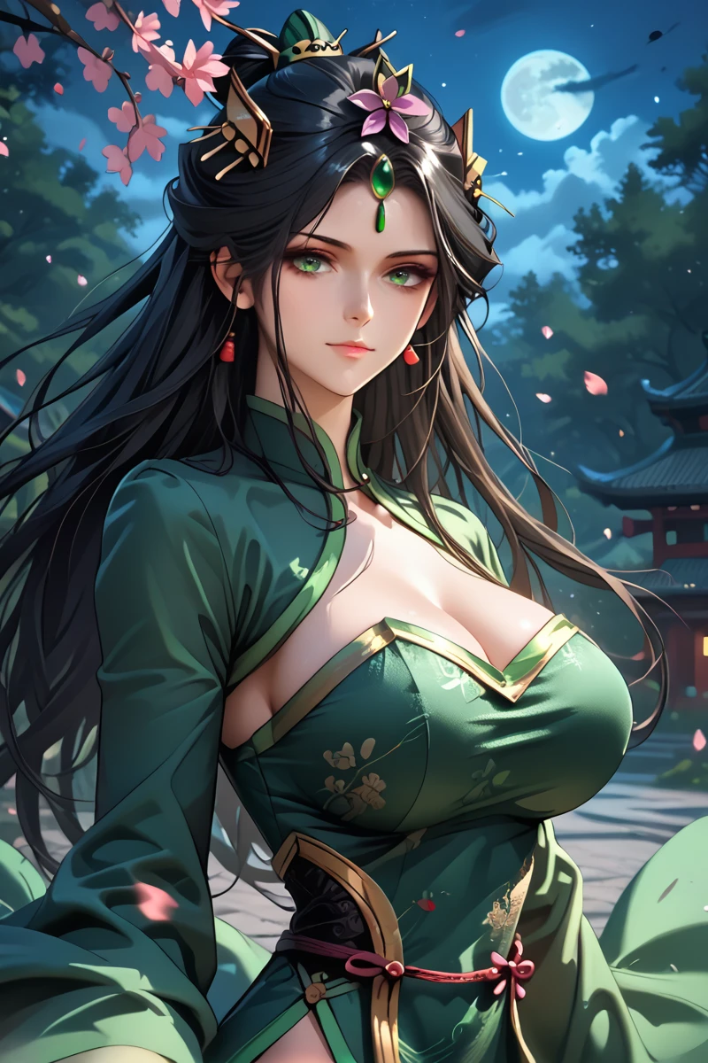(art: 1.2), (best quality: 1.2) 1 female, Mature, Tall (1.85 cm), appeared to be about 25 years old, had long black hair, straight shiny hair, tied in Chinese Taotist style, icy blood red eyes , extremely detailed eyes, perfect eyes, extremely realistic eyes, well-aligned eyes, long eyelashes, anime style, perfect face, milf face, full lips, smiling, Mature, fair skin, natural body, sexy body, MILF body, perfect hands, detailed hands, hands well proportioned to the body, realistic hands, arms with good anatomy, she only wore a Chinese style green dress decorated in gold and silver that still couldn't hide her extremely large and huge breasts that were hanging down due to the size, thick thighs , wide hips, looking at the viewer, background scene, scene of a Chinese-style pavilion, posing alone Looking at the viewer, completely naked with no clothes on, looking sexy, naked breasts and butt
