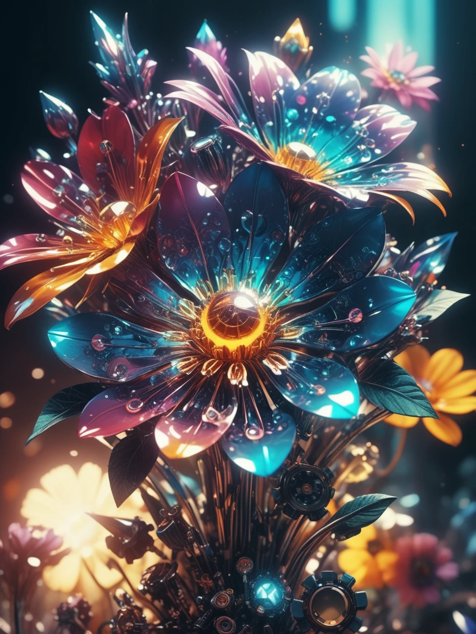 most beautiful cybernetic crystal flowers shining, artistic fragile, epic gloomy, fusion of organic and machine aesthetics, merge of flowers and clockwork, colorful, 35mm photography, light leaks, cinematic illustration, energy-filled illustration