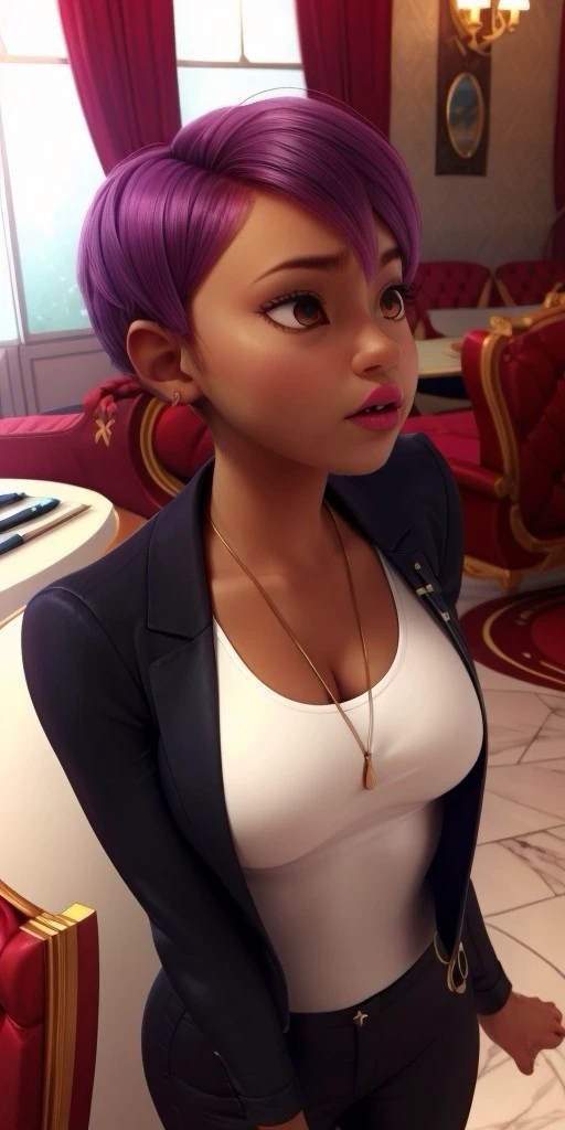 Hyperrealistic, photorealistic, super detailed, pixie-cut purple hair, expressive light brown eyes, body like in real life, large pores, slender, beautiful arms, unreal engine, octane render, droped shadow, bokeh, cinematic lighting, Strong fuchsia lipstick, Light brown eyes, Dark-skinned, <lora:add_detail:0.5>, <lora:Volumetric_lighting:0.6>, Light brown eyes, Pixie-cut purple hair, Rolling, Penny, , <lora:bd6cac7b-47eb-46fc-94e7-13fab41043a1:0.7>