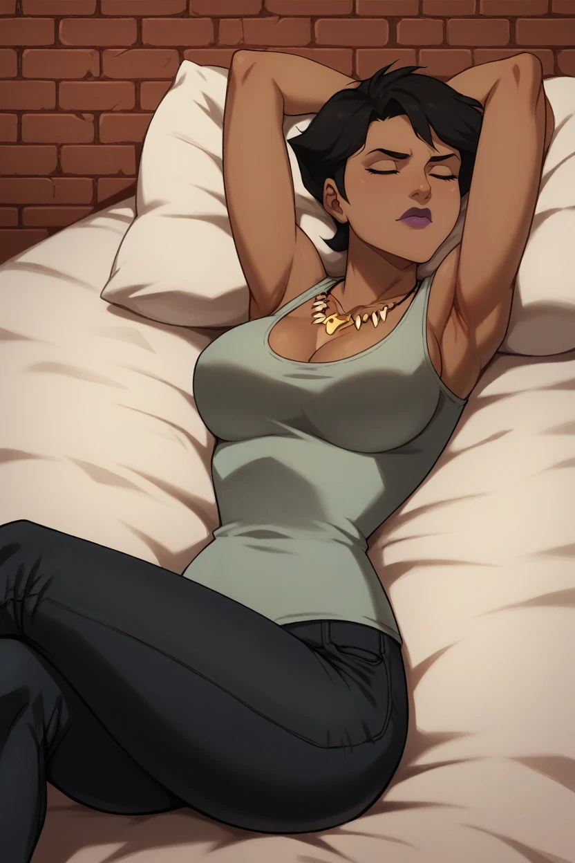 <lora:vixen v2 xl_epoch_10:1> vx_casual, black hair, brown eyes, short hair, dark-skinned female, lipstick, purple lips, large breasts, (cleavage, necklace, grey shirt, denim, jeans), (arms behind head, lying, on back, armpits, crossed legs, arms up, closed eyes), (bed, pillow, indoors, brick wall), score_9, score_8_up, score_7_up, score_6_up, 16k, masterpiece, absurdes, highly detailed, highres, high quality, best quality