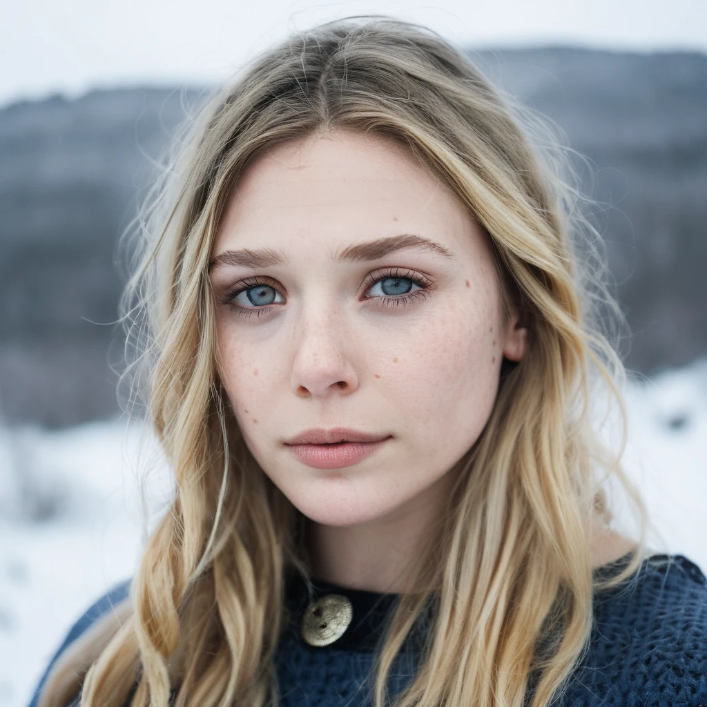 Skin texture, no makeup, Super high res portrait photo of a viking nordic princess outdoors in the snowy winter with wavy blonde hair with freckles,pouty glossy lips,f /2.8, Canon, 85mm,cinematic, high quality,looking at the viewer, elxolsn, <lora:eliolsen_2012_juggerX_xl_1_wocap-elxolsn-000120:1.05>