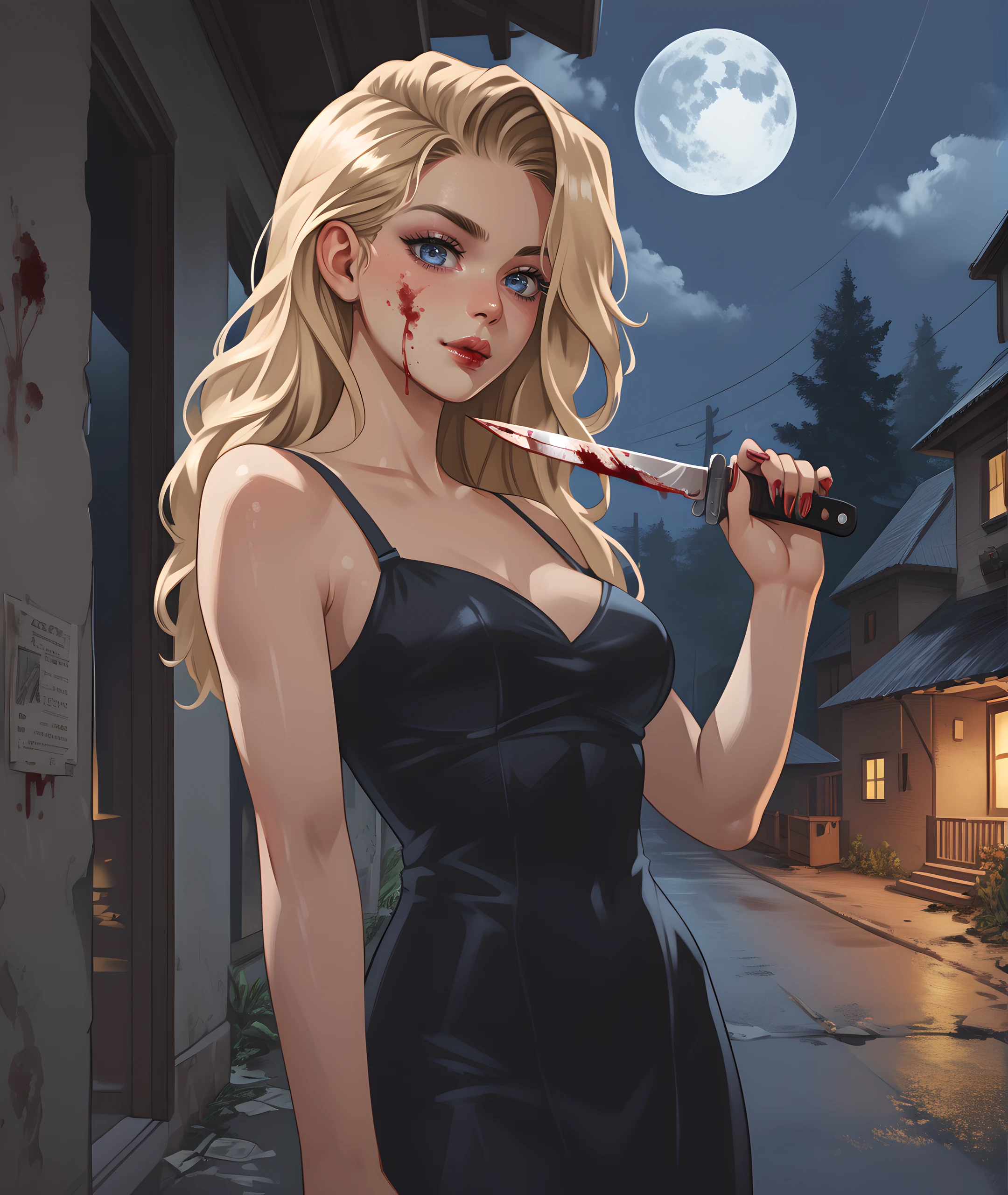 1girl, solo, nanni, blonde hair, long hair, makeup, looking at viewer, blue eyes, <lora:Nanni_-_Sucker_For_Love:0.8>
BREAK
level_9, level_8_up, level_7_up, level_6_up, level_5_up, source_cartoon, masterpiece 
BREAK
black dress, knife, blood, gore, holding a knife, night, in the house, dark, creepy, horror, cultist