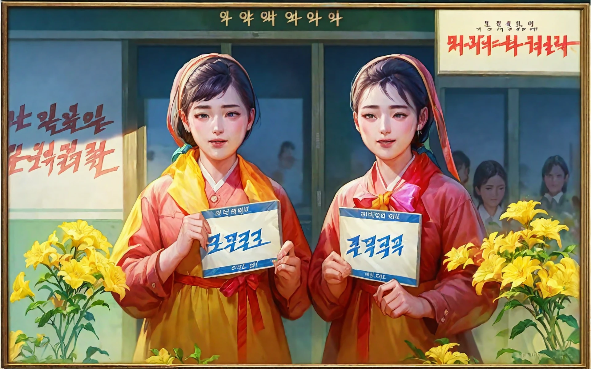 <lora:nk_join_v3:1> highly detailed oil painting, socialist realism,bestkoreaart,official art,korean text a painting of two women in front of a sign with ribbons around their necks and flowers in their hands,Art & Language, score_9, score_6_up, score_7_up