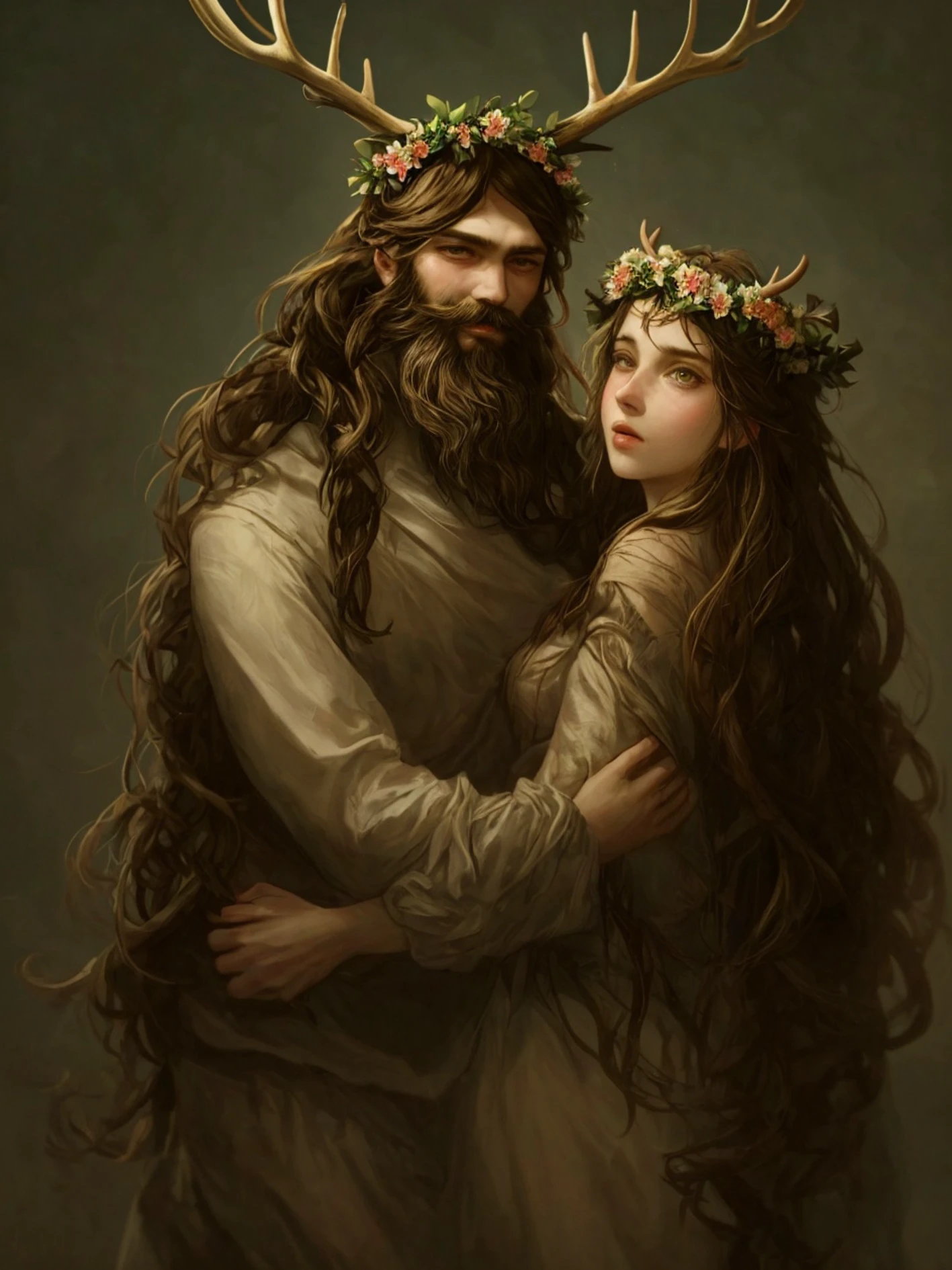 1girl, 1boy, head wreath, antlers, beard, brown hair, long hair, hug, facial hair, flower