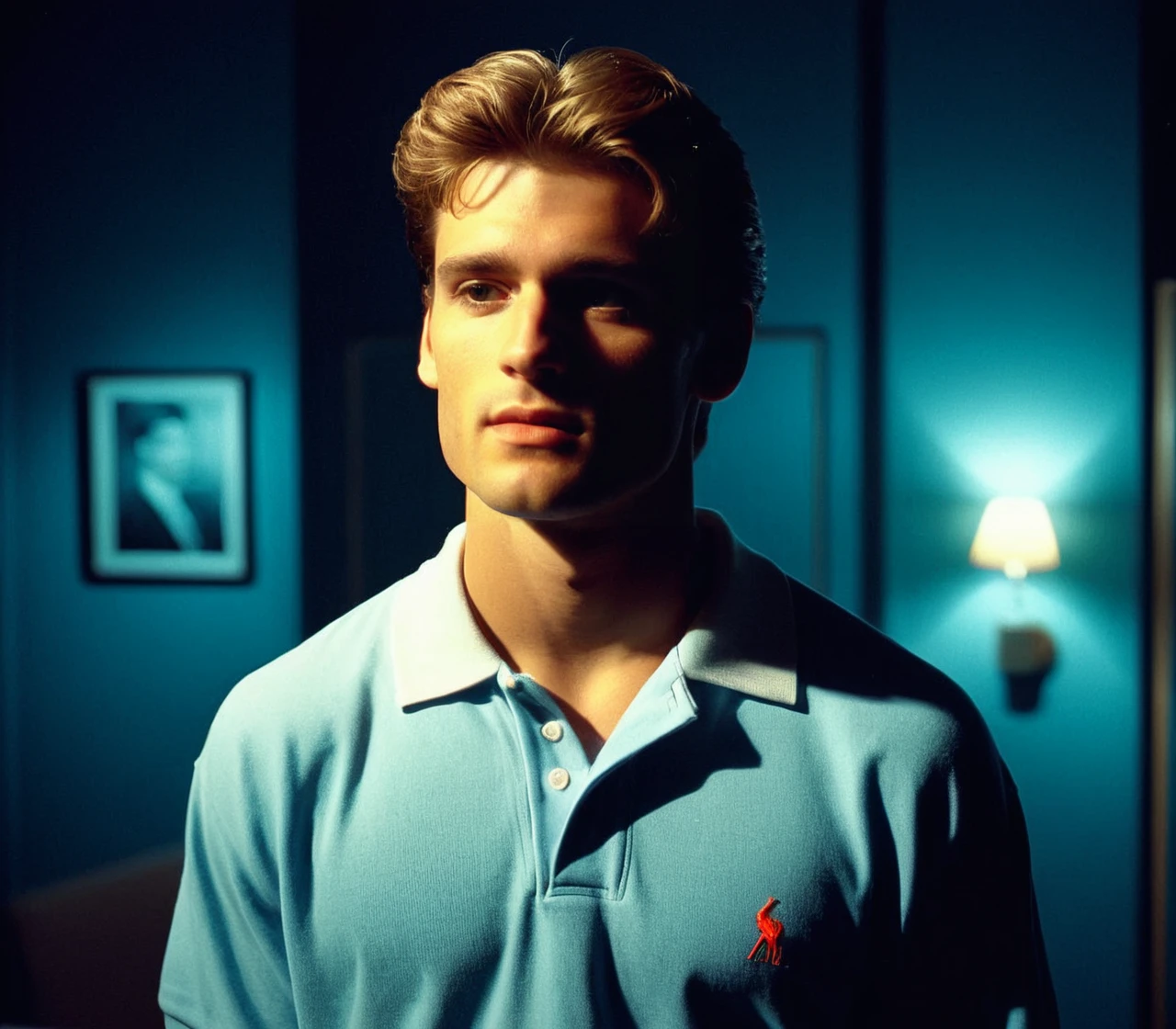 realistic, 1man talking, handsome, standing in a drama office, polo shirt, looking to the side, overhead light, night, 35mm film grain, 1990s style,  <lora:Sitcom__Drama_Style:0.75>