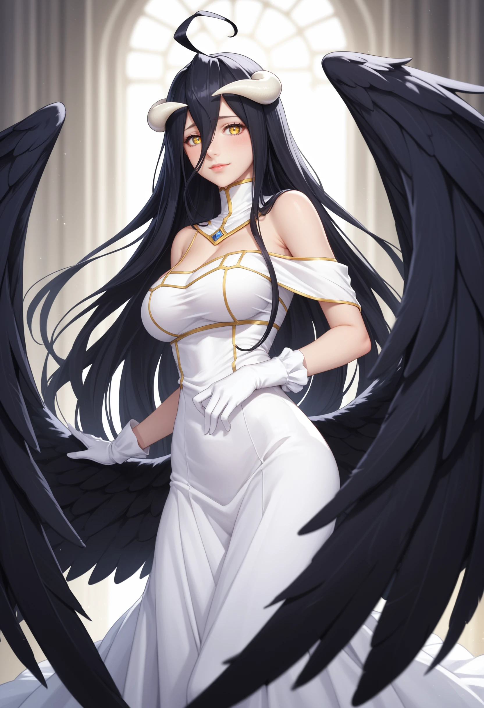 score_9, score_8_up, score_7_up, source_anime,
1girl, albedo \(overlord\), overlord \(maruyama\), ahoge, demon girl, demon horns, black hair, black wings, feathered wings, low wings, yellow eyes, very long hair, white dress, gloves,