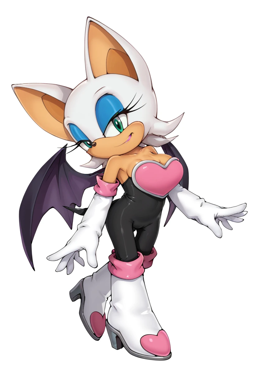 (masterpiece), (best quality), short hair, white hair, pink eyes, beat ears, (mobian:1.2), rouge the bat, rouge, bat, bat wings, boobs, pink boots, by fumio