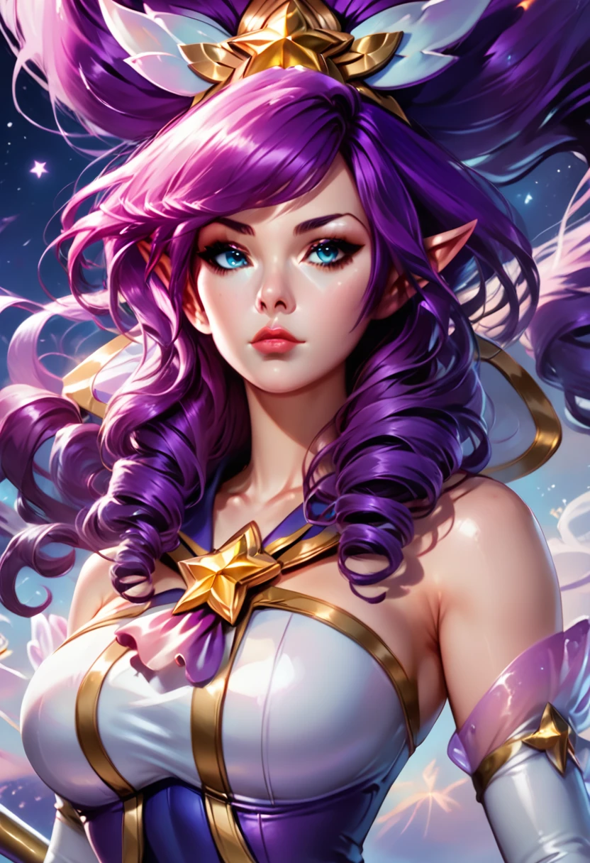 score_9, (upper body:1.8), drill hair, looking at viewer, night, floating hair, thighhighs, pointy ears, sgjanna, lips, blue eyes, bare shoulders, alternate hair color, star guardian \(league of legends\), elbow gloves, star \(symbol\), sailor collar, very long hair, boots, swept bangs, purple skirt, large breasts, breasts, front view, holding staff, ponytail, big ponytail, sky, portrait, bangs, long hair, perfect <lora:Star_Guardian_Janna_PonyXL:0.8>