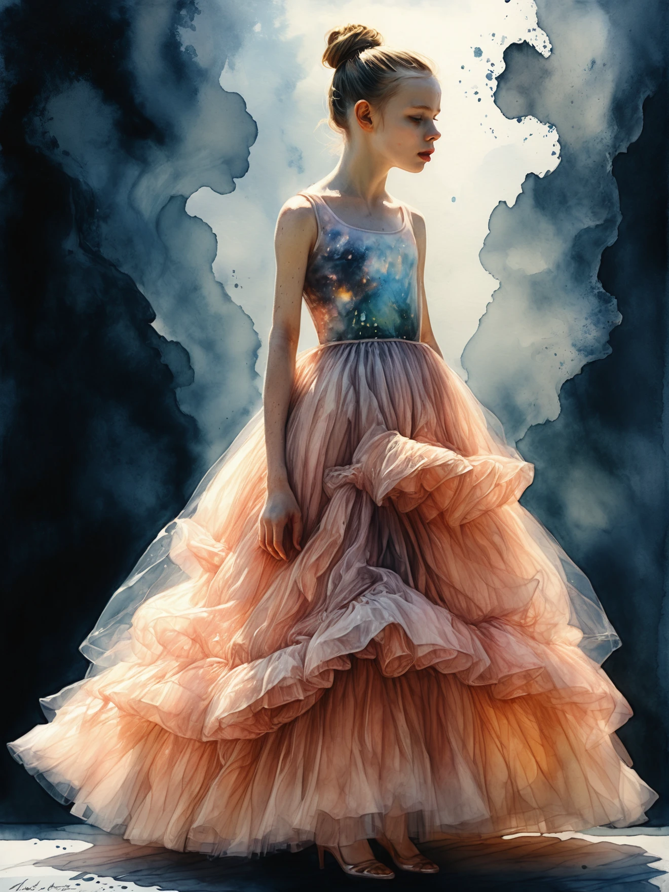 girl in tulle dress, photorealism, watercolor concept art, surreal, strange, amazing  <lora:wuzzolismus:0.75>