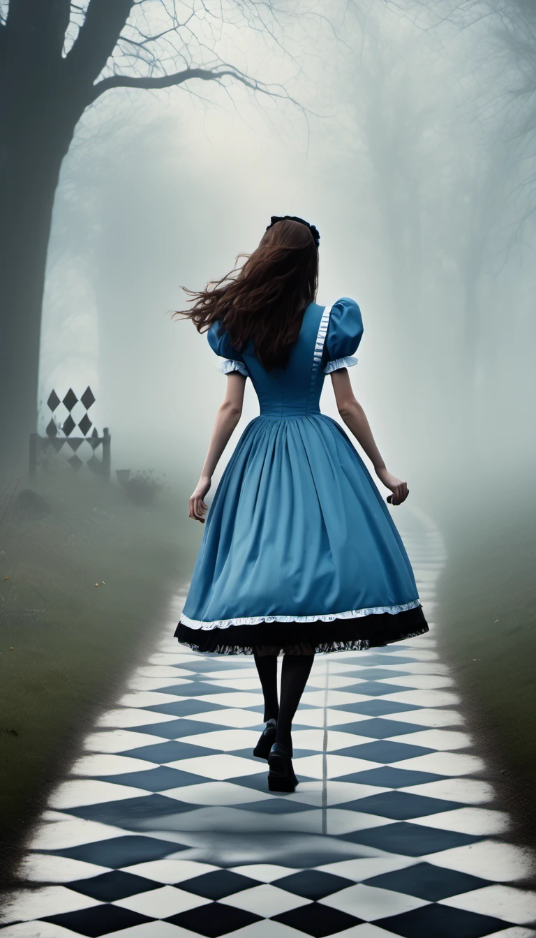 Alice in Wonderland running with very long dark brown hair in the wind and a blue maid dress with short sleeves and black tights in the dreamy fog with a tiled floor chess board landscape in front of her  <lora:Everly_Heights_TaleSpinner_Pony_XL:1>