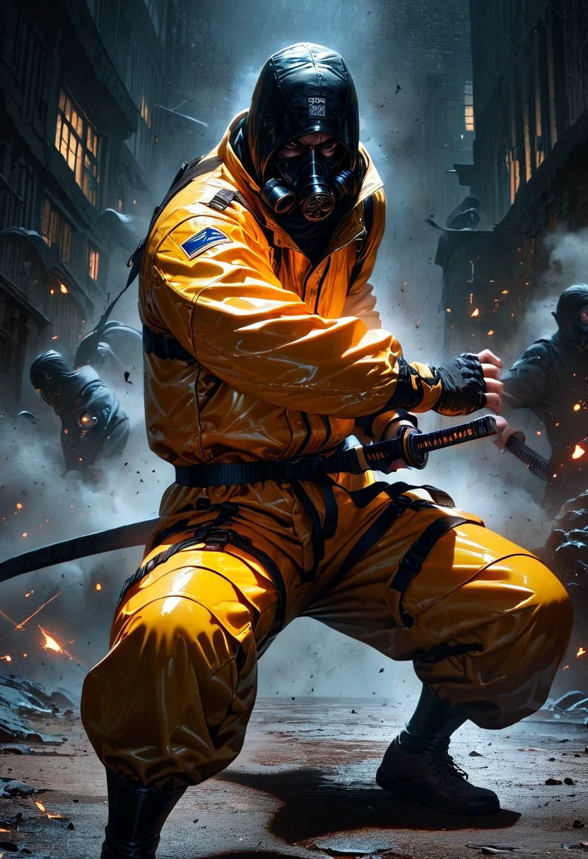 Bio Style, from above, a stunning film noir still photograph, a (scientist wearing yellow protection suit with gas mask/) (weapon, holding sword, battoujutsu, battoujutsu stance, ready to draw, sheathed, unsheathing, scabbard), (full body, fight stance:1.2), perfect body, perfect katana, perfect hands, masculine perspective, perfect hands,
dramatic cinematic film noir lighting,
very strong contrast, dramatic Lighting,
strong visual contrast, terrifying, 
Tsutomu Nihei, cinematic film style, special effects, VFX, award-winning picture, highly detailed, ultra-high resolutions, 32K UHD, sharp focus,
(photorealistic:1.5), (Extremely realistic, masterpiece, top quality, official art, best quality, beautiful and aesthetic:1.2), 4k, 8k, very rich details,