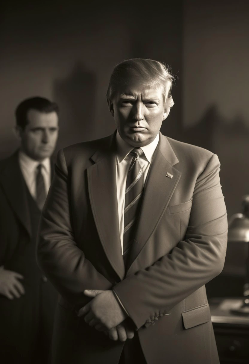 rated_safe, Archive photo, 1930s (style), vintage, retro, Archive photo, 1930s Fashion, american bandits style, 1930's cinematic film still of a ((donald trump:1.5)) in business attire, film grain, atmospheric lighting, 4k, uhd, masterpiece, monochrome,