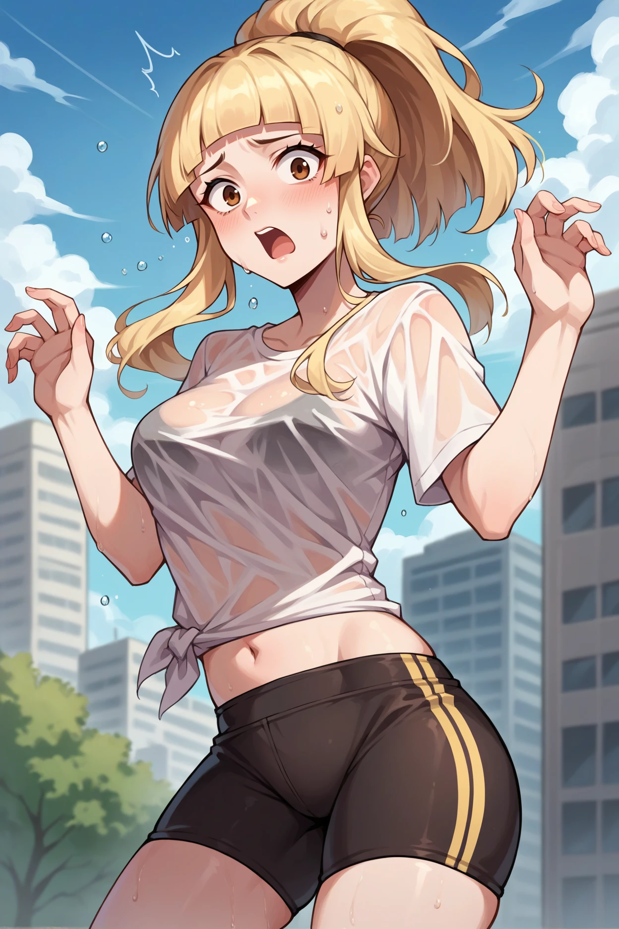 score_9, score_8_up, score_7_up, score_6_up, source_anime, 1girl, solo, <lora:feclair-pdxl-nvwls-v1-000006:1> feClair, blonde hair, high ponytail, blunt bangs, wet t-shirt, white t-shirt, see-through, tied shirt, medium breasts, looking at you, blush, open mouth, shocked, spandex shorts, city, blue sky, clouds