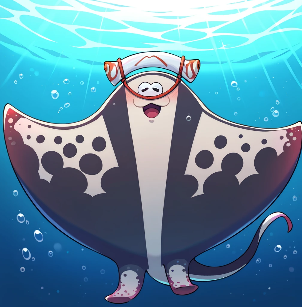 score_9, score_8_up, score_7_up, score_6_up, score_5_up, score_4_up, big man, splatoon, manta ray, dark grey and light grey body, fins, headwear, cute face, :3, swimming in the ocean, swimming, underwater background, looking at viewer,
 <lora:Big_Man_Splatoon_PonyXL:1> big man