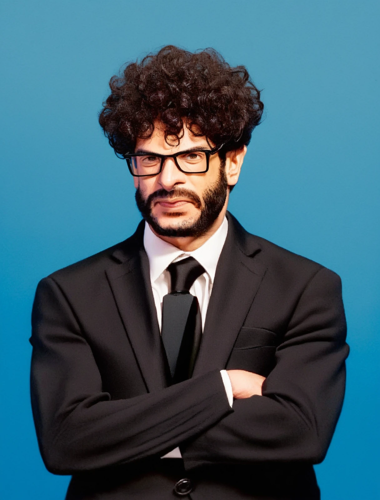 score_9, score_8_up, score_7_up, solo, BREAK, 1boy, upper body, 
<lora:TonyKhan:1.1>, tony, khan, crossed arms, black suit, black tie, angry, looking at viewer, beard, black curly hair, source_anime, glasses,  <lora:MJudg3XLP:1>