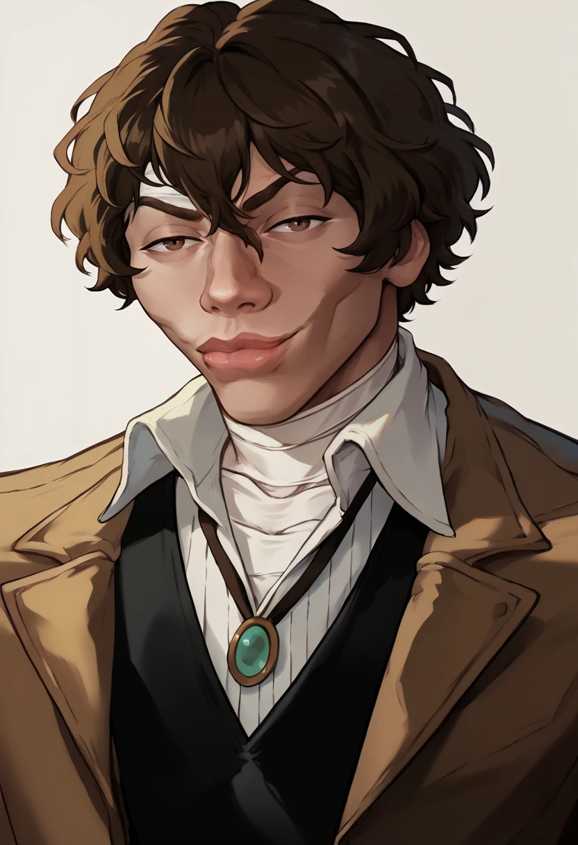 score_9, score_8_up, score_7_up, upper body, solo, male focus, 1boy, dazai osamu, SkylerWhiteYo, closed mouth, smile, lips, looking at viewer, brown coat, open coat, black vest, white shirt, collared shirt, bolo tie, bandages, bandaged neck <lora:bsd_osamudazai_ponyXL:1> <lora:KzyGuyMeme:1>