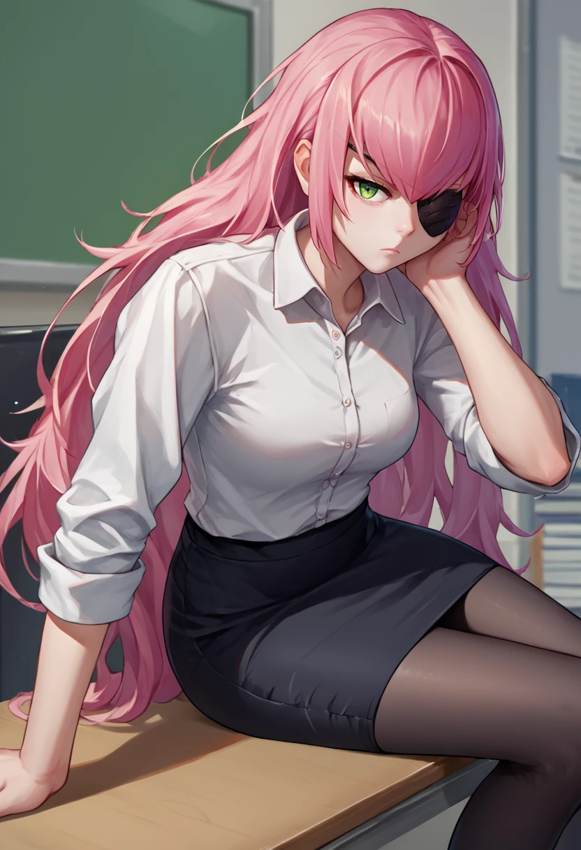 score_9, score_8_up, score_7_up, source_anime, solo, 1girl, cz2128delta, expressionless, looking at viewer, sitting on table, pink hair, eyepatch, white shirt, collared shirt, sleeves rolled up, black skirt, pencil skirt, black pantyhose, indoors, office <lora:ol_cz2128delta_ponyXL:1>