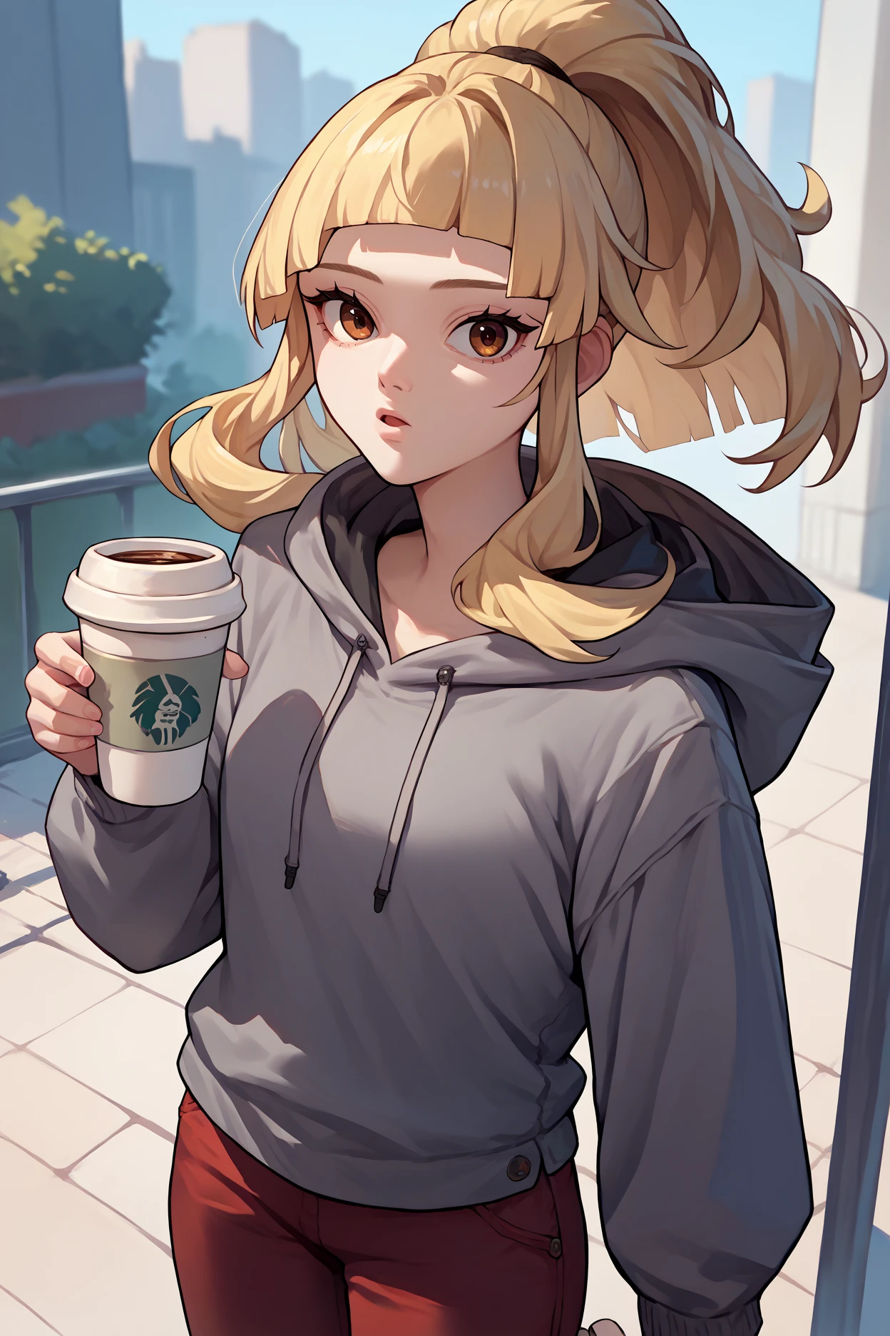 score_9, score_8_up, score_7_up, score_6_up, source_anime, 1girl, solo, <lora:feclair-pdxl-nvwls-v1-000006:1> feClair, blonde hair, high ponytail, blunt bangs, grey hoodie, red pants, looking at you, holding coffee cup, city, chestnut mouth