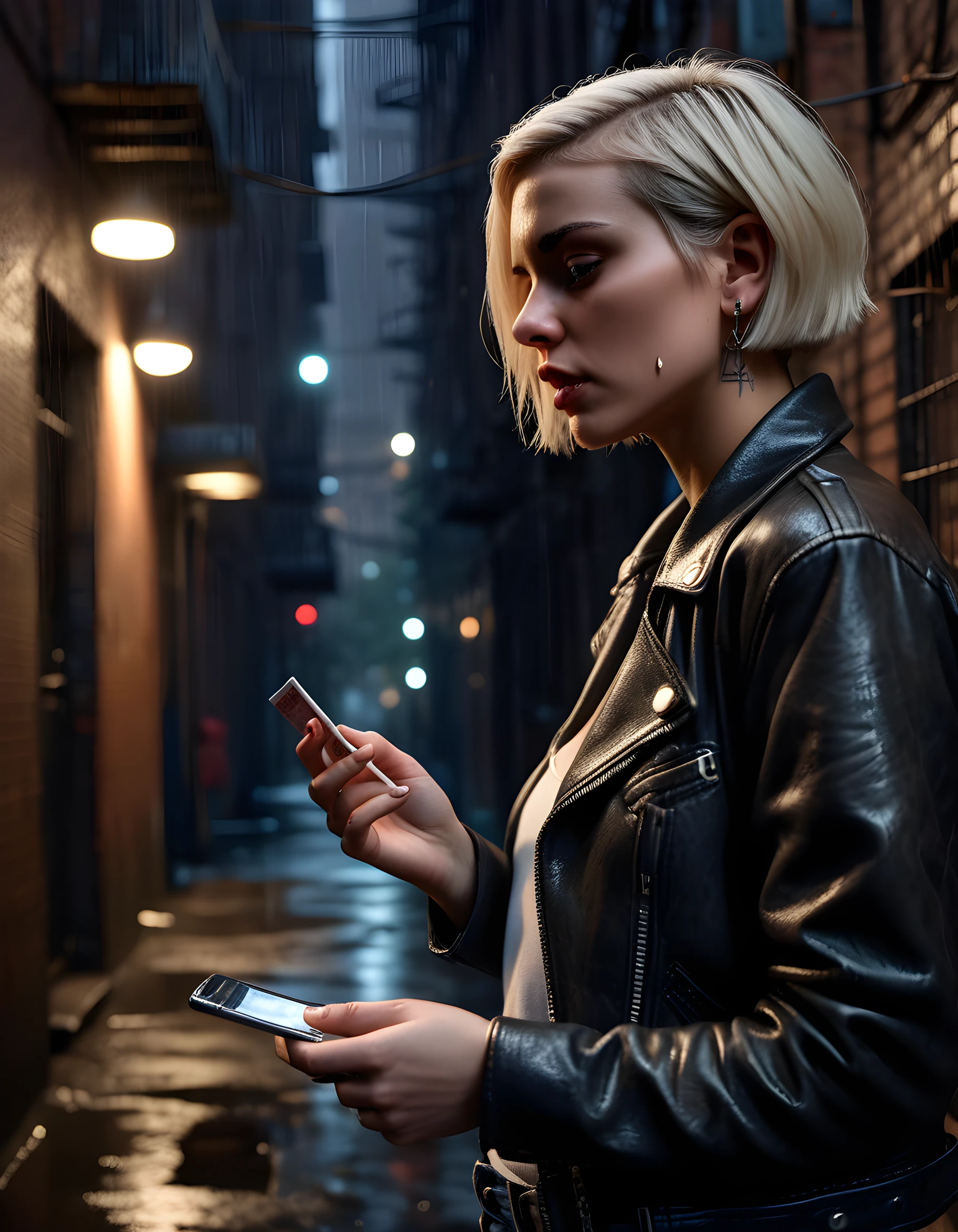 In a gritty, neo-noir setting, ER1K4R, a woman with short, platinum blonde hair and a striking tattoo of her alias on the back of her neck, stands in the dimly lit, rain-soaked alleyway. She leans against a rusty fire escape, her gaze fixed intently on the horizon. Her leather jacket, adorned with intricate silver studs and a shimmering pendant around her neck, contrasts starkly with her worn blue jeans and faded white sneakers. The camera angles low, capturing her from a slightly elevated perspective, emphasizing the shadows cast by the streetlights that flicker ominously in the background. Her lips are pursed, hinting at a tense resolve, as she clutches a tattered pack of cigarettes in one hand and a worn-out smartphone in the other, her finger poised to dial a number that could change everything.