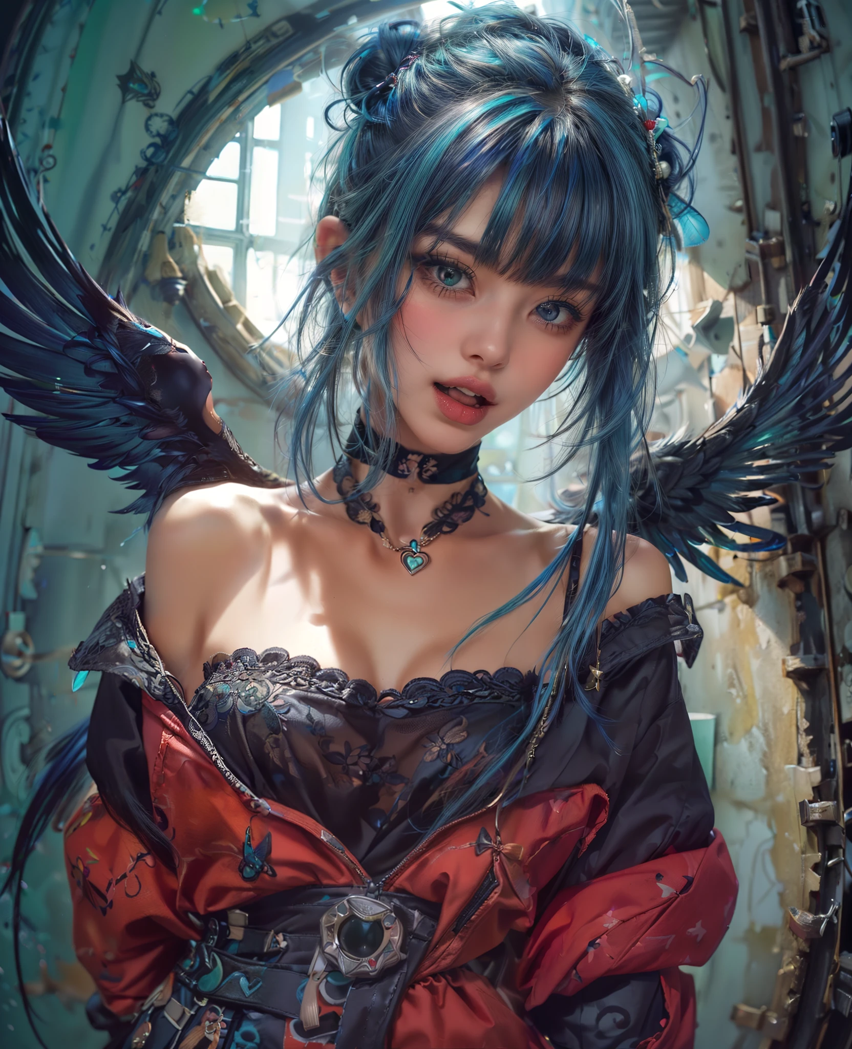 1girl, animal_ears, bangs, blue_hair, bow, choker, cleavage, clothing_cutout, fangs, food-themed_hair_ornament, hair_bun, hair_ornament, hairclip, heart, heart_hands, jewelry, long_hair, looking_at_viewer, open_mouth, portrait, shirt, solo, teeth, twintails, underwear, upper_body, wings