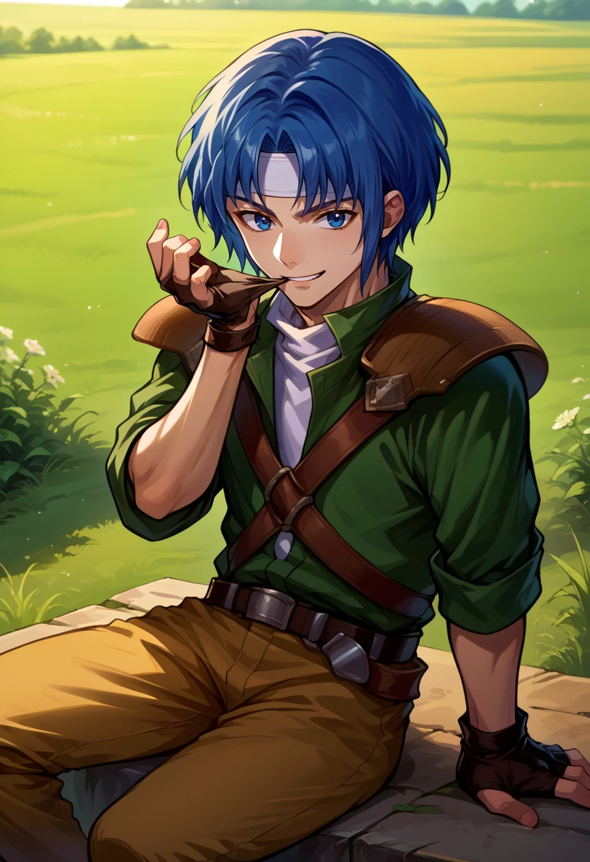 score_9, score_8_up, score_7_up, source_anime, BREAK, solo, 1boy, smile, looking at viewer,  <lora:Ronan-pdxl_Fp:1>, ronanfe5, blue hair, blue eyes, short hair, headband, green collared shirt, turtleneck, armor, shoulder armor, fingerless gloves, brown pants, belt,  <lora:AdjustingGlovesWithLips_XLPD:1>, glove biting, mouth hold, sitting, outdoors, field,