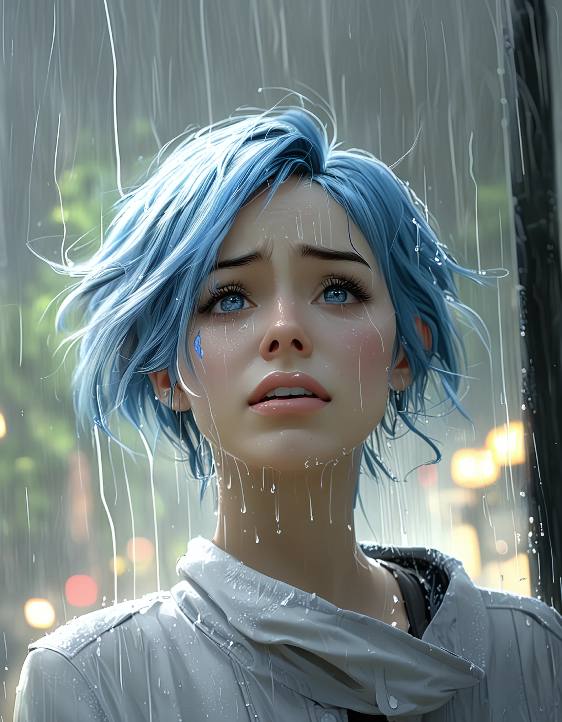 digital art of a female character with blue hair and a tearful expression set against a dark rainy background, anime studio


















































































































































































































































