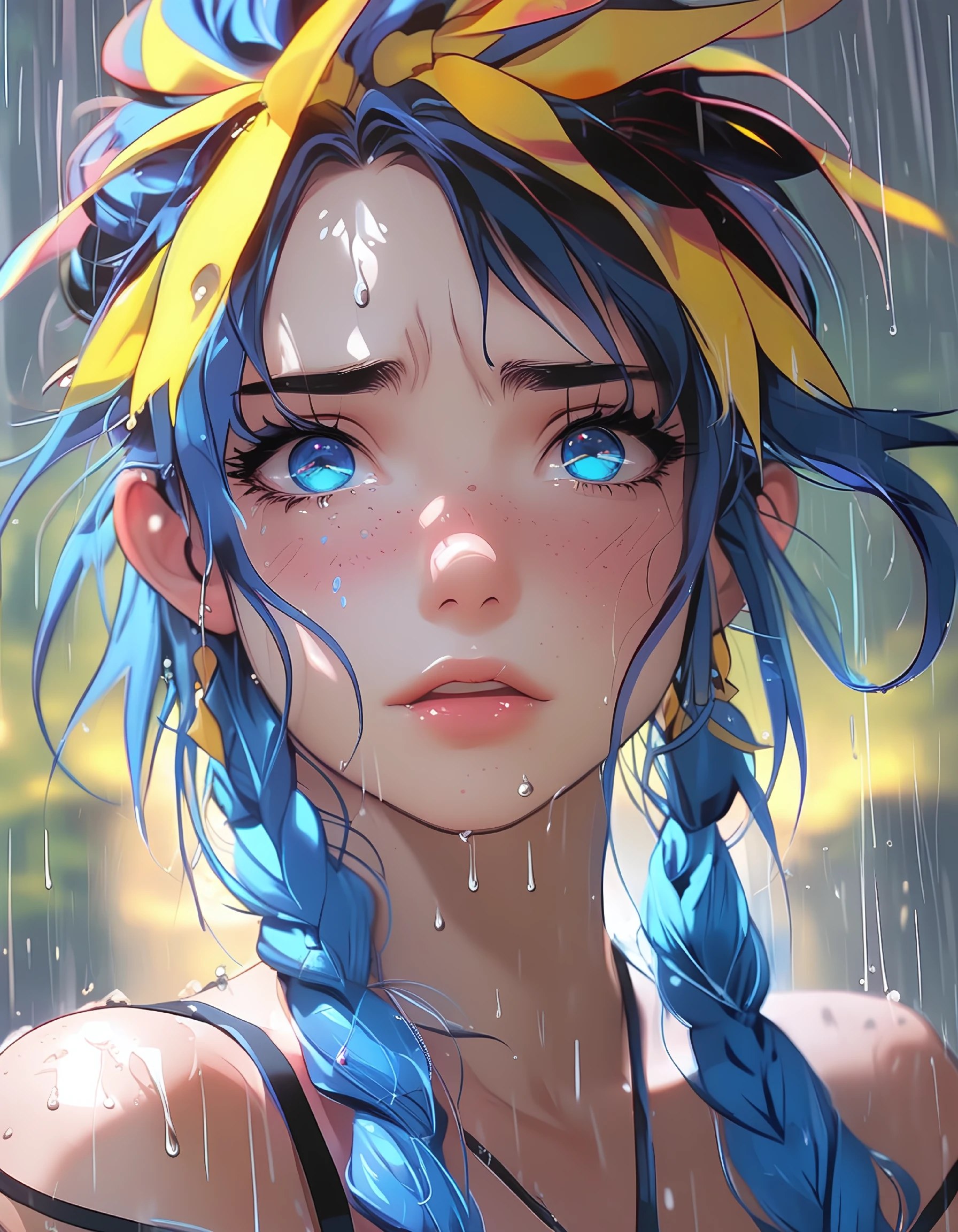 digital art of a female character with blue hair and a tearful expression set against a dark rainy background, anime studio















































































































































































































































