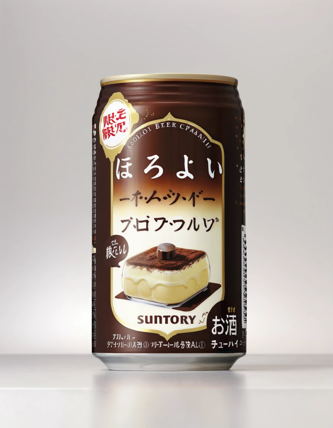 Create a realistic image of a can beer with a Tiramisu flavor, , SUNTORY, <lora:horoyoi2:0.8>,solo, close ip,