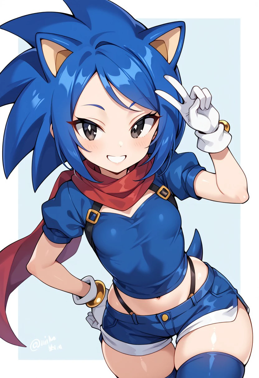 score_9, score_8_up, score_7_up, , shiny skin:0.1, source_anime , deep skin,, high quality, highres, , 1girl, (curvy), ((wide hips)), small breasts, thick thighs, cute, , sexy, , SonicGijinka, 1girl, big hair, light blue hair, hedgehog ears, hedgehog tail, black eyes, spiked hair, swept bangs, forehead, sidelocks, white gloves, blue shirt, puffy sleeves, short sleeves, blue shorts, puffy shorts, blue stockings, red scarf, smile, dilated pupils