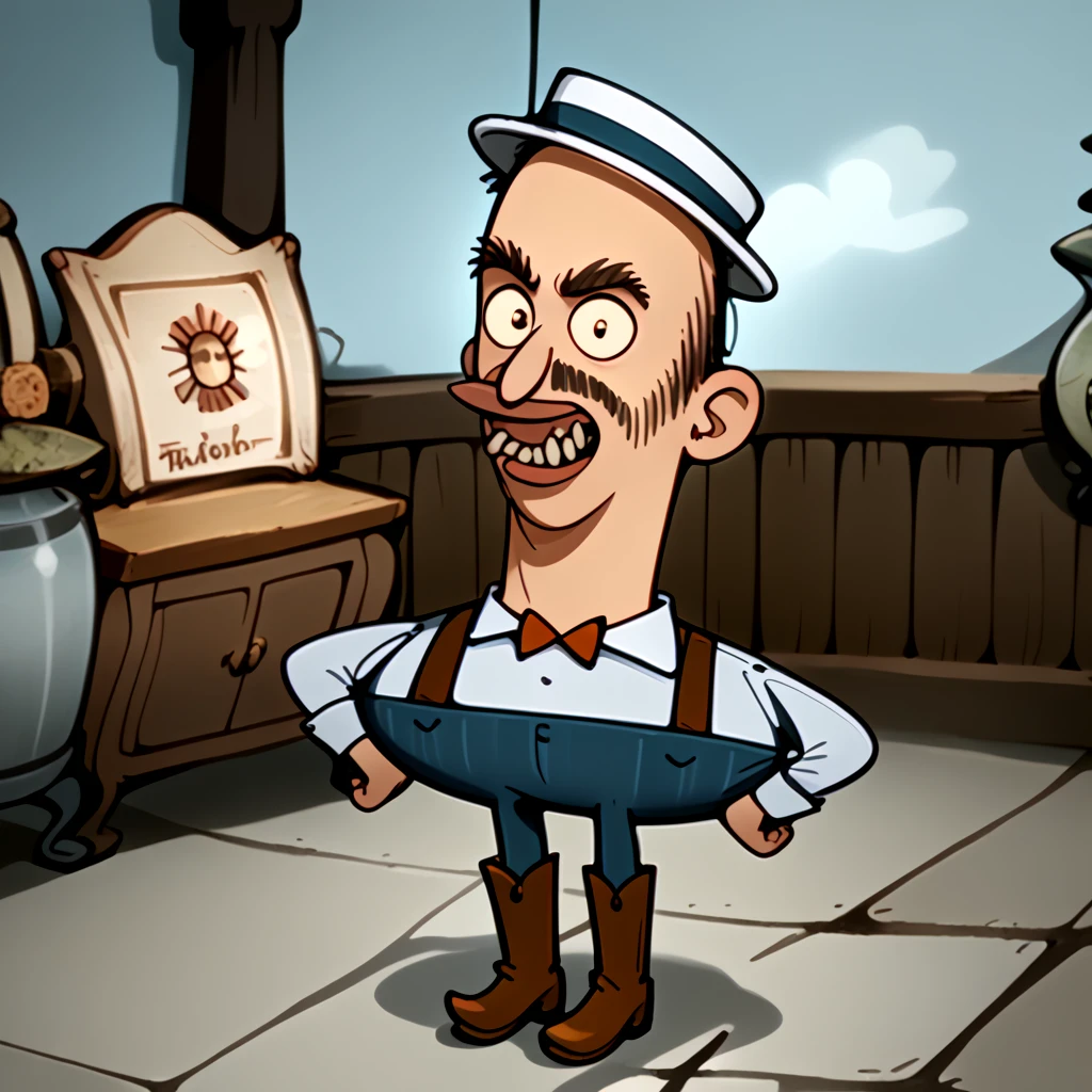 <lora:Dr_Barber_-_Misadventure_of_Flapjack:1> 1boy, lips, gumline, teeth, mustache, muttonchops, boater hat, hat with stipe, collared shirt, brown bow tie, brown suspenders, blue pants, brown boots, cartoon, character, full body,  male focus, hat, solo, bow, bowtie,, source_cartoon, score_9, score_8_up, score_7_up,