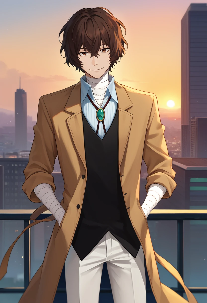 score_9, score_8_up, score_7_up, source_anime, solo, male focus, 1boy, dazai osamu, smile, looking at viewer, standing, hands in pockets, brown coat, open coat, long sleeves, black vest, white shirt, collared shirt, white pants, bandages, bandaged neck, bandaged arm, sunset, outdoors, rooftop, cityscape scenery <lora:bsd_osamudazai_ponyXL:1>