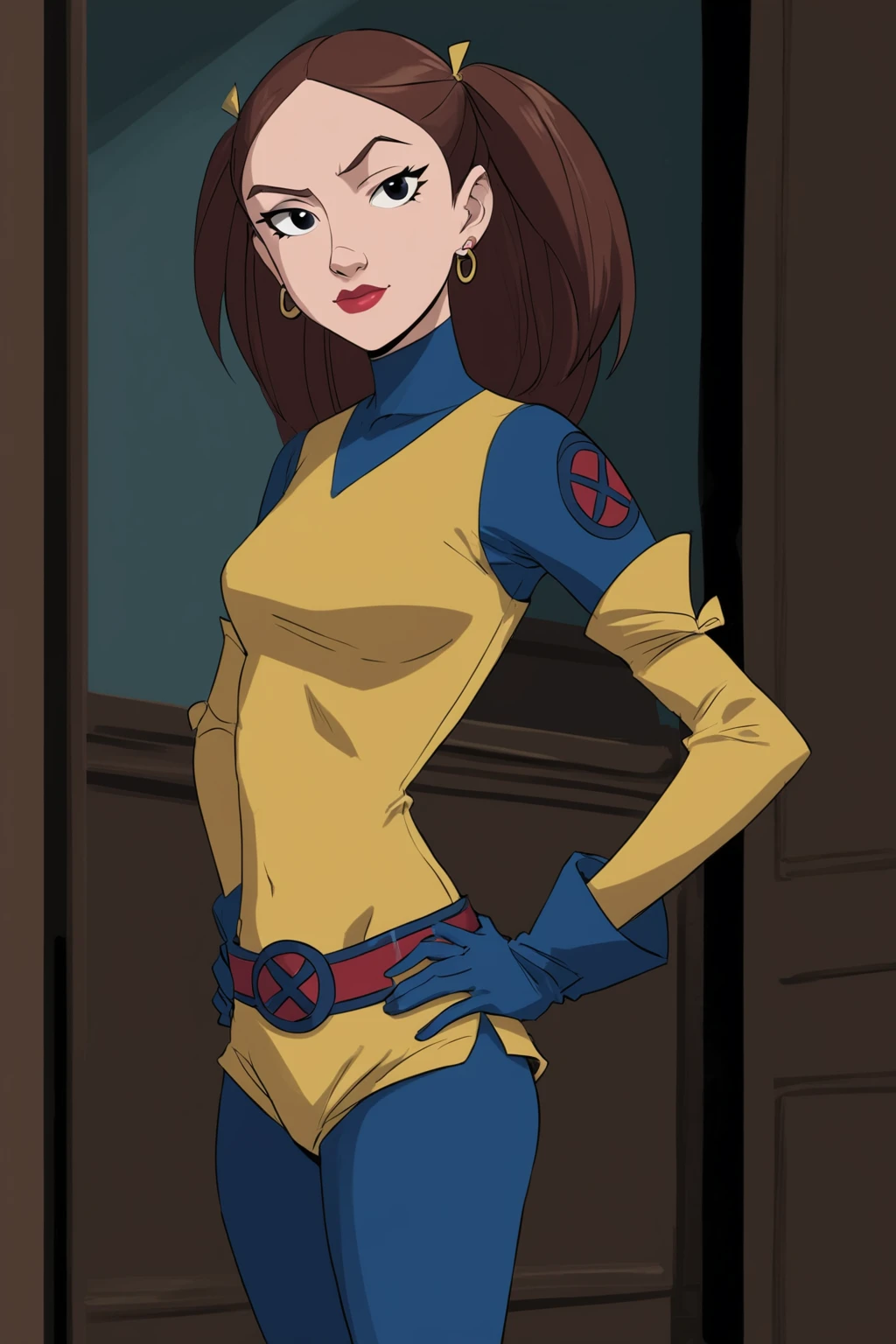 PonyXLV6_Scores BREAK (parody, animification, flat color, perfect anatomy, perfect eyes, absurd resolution) <lora:add-detail-xl:1>, <lora:add_details_xl:0.8> BREAK <lora:Shadowcat_r1:0.7> kitty pryde, brown hair, long hair, black eyes, lipstick, flirting, raised eyebrow, ((looking at viewer)), twintails, jewelry, earrings, bodysuit, blue gloves, belt, shorts, pantyhose, toned, athletic, curvy, sexually suggestive pose, standing, hands on hip, indoors