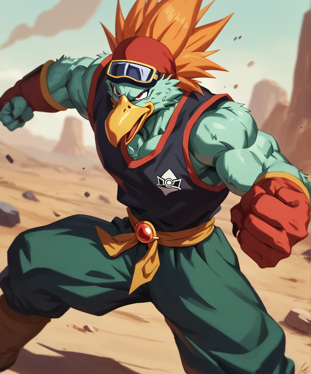 score_9_up,score_8_up,score_7_up,
<lora:Ganos_(Dragonball Z)_(Pony)_(AD):0.6>  G4nos, Dragonball Z, bird alien, beak, muscles, red eyes, light green skin, light green body, orange head feathers, yellow feathers, colored skin, goggles, 
8K, perfect proportions, perfect hands, masterclass anime, detailed scenery background, blistering hot desert scenery, sweating, illustration, nsfw, dragonball super, dragonball z, depth of field, colored skin, volumetric lighting, cell shading, ready, large beak, shonen anime, science fiction, head rag, goggles, is training his very powerful body, cowboy shot, elite warrior, fighting stance, ((exercise, thong, )), 
BREAK zPDXL, zPDXLxxx, unaestheticXLv1, detailxl,