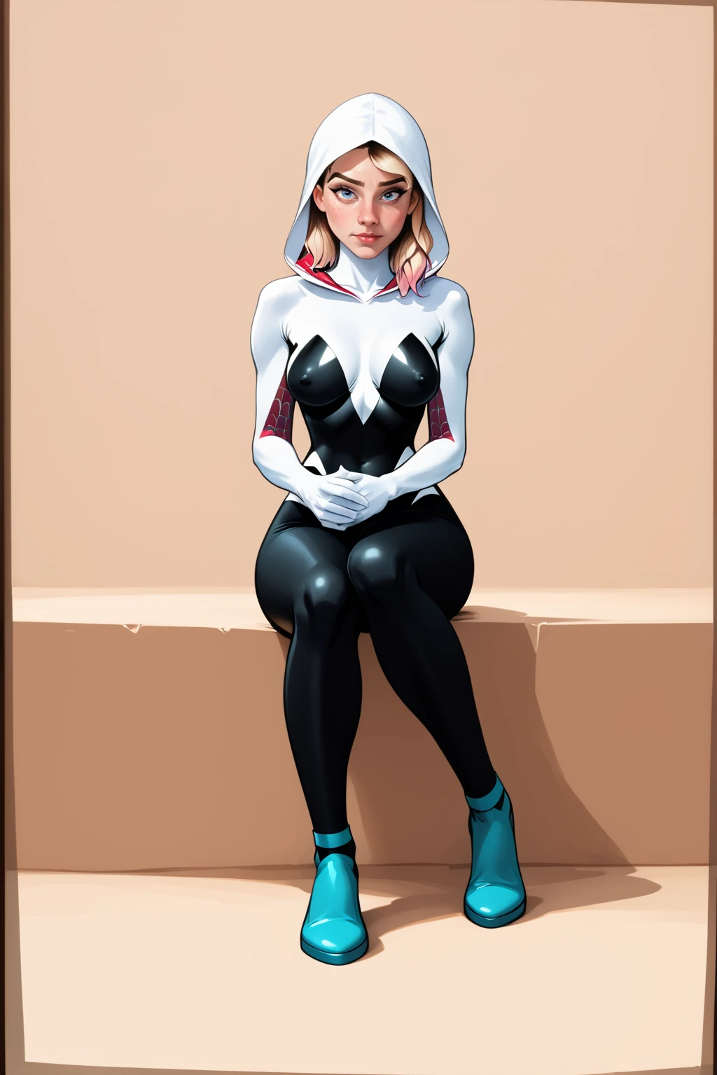 <lora:Spider_Gwen_PDXL_spamb0t:0.8>,Marvel_Spider_Gwen
BREAK blonde hair,hood up
BREAK unzipped bodysuit,covered nipples
BREAK blue highheel boots
BREAK sitting on edge, legs together, hands on lap
BREAK front angle view, full shot
BREAK cowboy shot,abstract background,looking at viewer
BREAK high quality,film grain,cinematic lighting,volumetric lighting,modeling shoot
BREAK (hyper detail,insanely detailed,best quality,masterpiece,photorealistic:1.4)