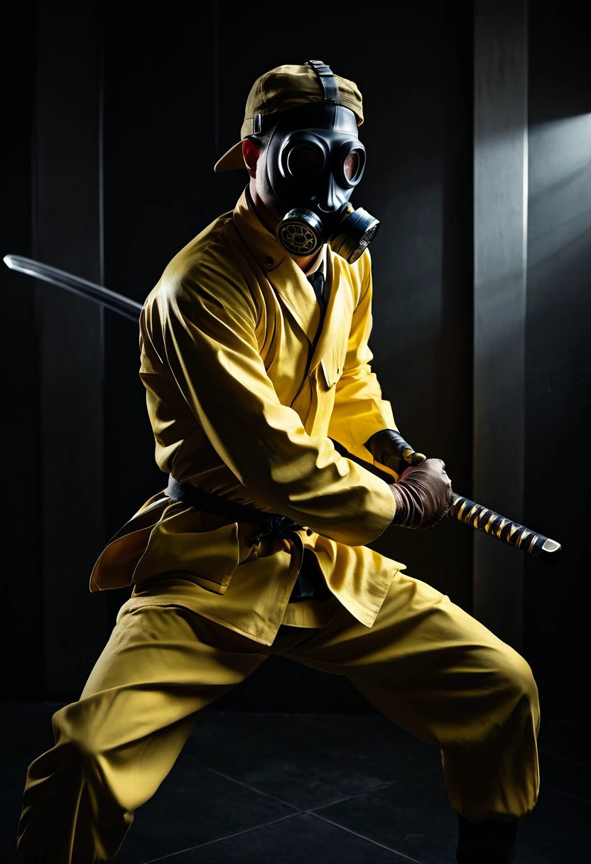 Bio Style, from above, a stunning film noir still photograph, a (scientist wearing yellow protection suit with gas mask/) (weapon, holding sword, battoujutsu, battoujutsu stance, ready to draw, sheathed, unsheathing, scabbard), (full body, fight stance:1.2), perfect body, perfect katana, perfect hands, masculine perspective,
dramatic cinematic film noir lighting,
very strong contrast, dramatic Lighting,
strong visual contrast, terrifying, 
Tsutomu Nihei, cinematic film style, special effects, VFX, award-winning picture, highly detailed, ultra-high resolutions, 32K UHD, sharp focus,
(photorealistic:1.5), (Extremely realistic, masterpiece, top quality, official art, best quality, beautiful and aesthetic:1.2), 4k, 8k, very rich details,