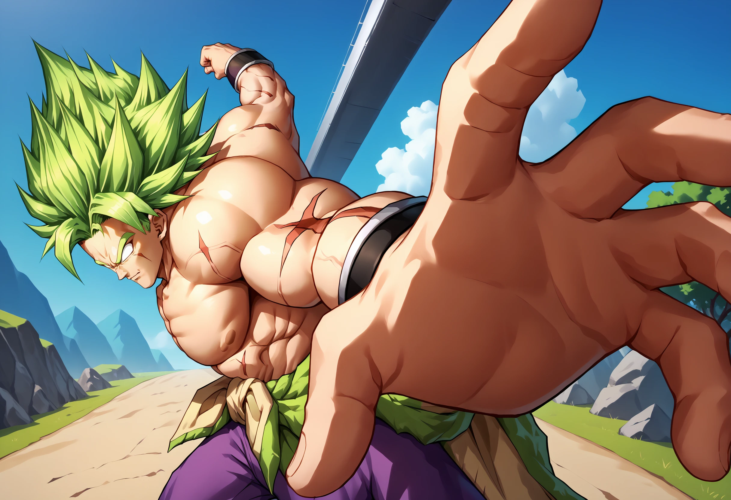 score_9, score_8_up, score_7_up, brolyLSS, super saiyan, green hair, spiked hair, no pupils, blank eyes, abs, muscular, muscular male, alternate muscle size, topless male, scar on face, scar on chest, pectorals, clothes around waist, purple pants, <lora:BrolyDBSuper_pdxl_Incrs_v1:1>, <lora:PepePunchMeme_XLPD:1> IncrsPunchMeme, incoming punch