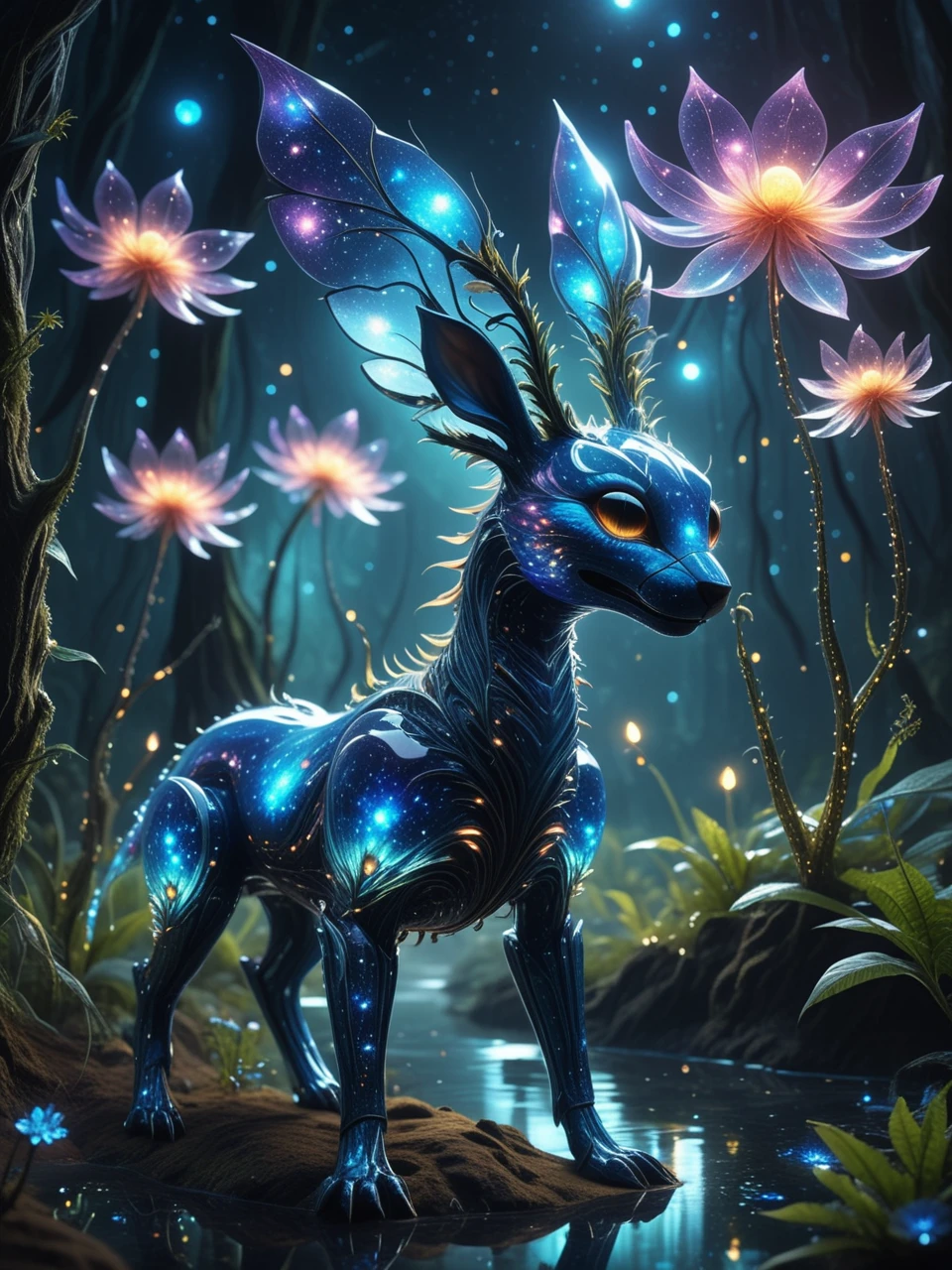 another world extraterrestrial landscape, pave through alien river forest, with giant alien flower animals made of blue crystal fractals, shining fireflies, fantasy dream, starry sky with large planets, 16k hdri, 35mm photography, cyberpunk mood, extremely sharp focus, strong environmental light, , fractal art, intricate