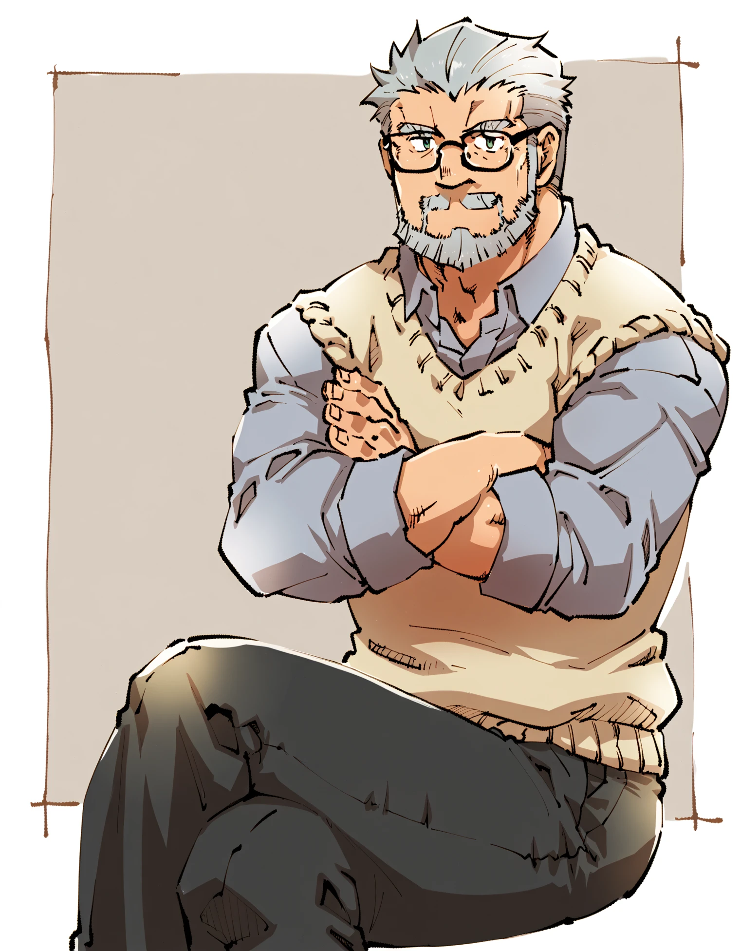 <lora:torieda_ponyXL_v1.0:1>, torieda, BRAKE best quality, amazing quality BRAKE solo, short hair, shirt, 1boy, sitting, grey hair, male focus, glasses, collared shirt, pants, muscular, feet out of frame, facial hair, black pants, crossed arms, crossed legs, muscular male, bara, grey shirt, beard, sweater vest, mature male, mustache, old, old man, wrinkled skin