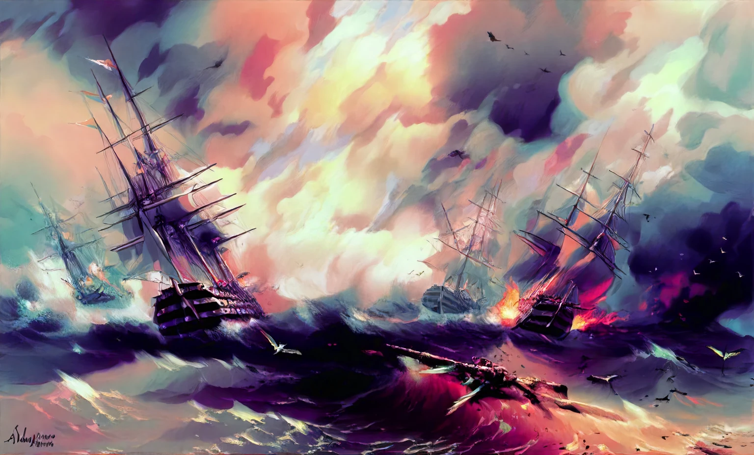 <lora:aivazovsky_pony_v2:1> 'war' by aivazovsky ivan in 1853, battle painting \(genre\), romanticism \(style\), a ship on fire,storm-and-tempest, seas-and-oceans, score_9, score_8_up, rating_explicit,explicit