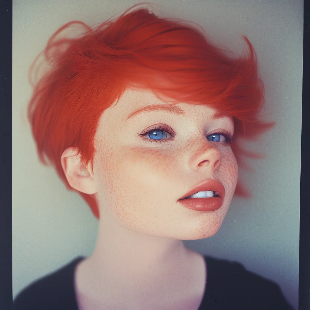 1girl solo freckles short hair red hair blue eyes parted lips teeth portrait