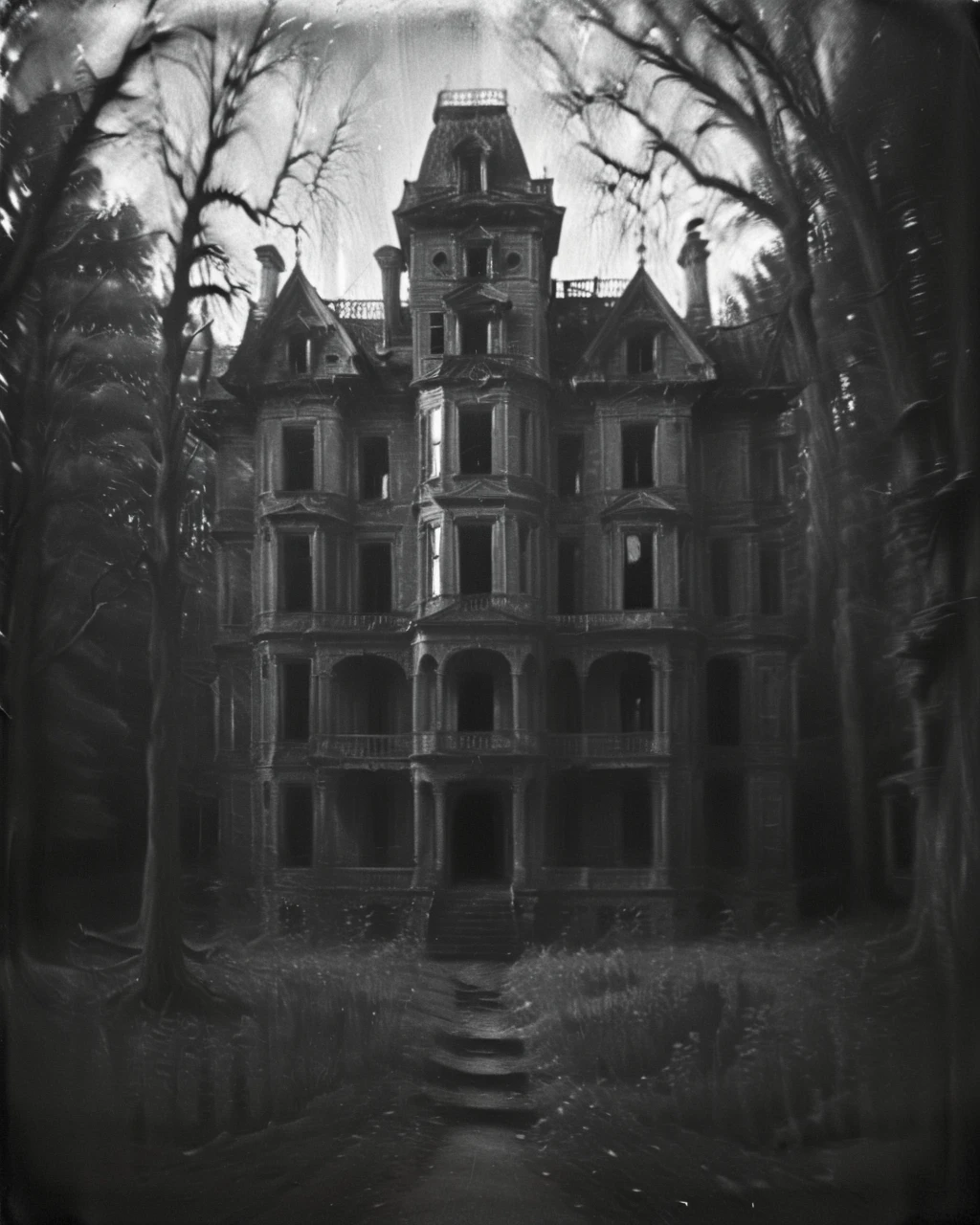 <lora:Old_Photo_Style:0.9> sinister, eerie, 01dPh0t0, black and white photo, dark, shadow, distorted, grainy, film grain, Victorian, eerie forest mansion, sinister