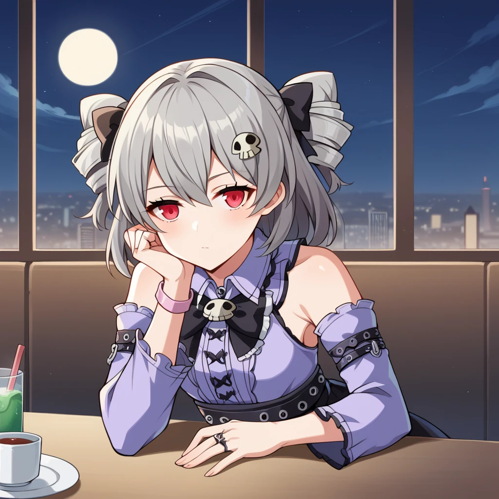 score_9_up, score_8_up, score_7_up, source_anime, masterpiece, best quality, 1girl, solo, Prometheus, Prom_Punk, cityscape, window, night time, moon light, neon sign, sitting across table, head rest, drinks, food, looking at you, upper body, titled head, half opened mouth, face focus, grey hair, twin drills, small breasts, jirai kei, stuffed rabbit, skull hair ornament, bare shoulders, high waist skirt, black skirt, sleeveless shirt, frilled skirt, frilled shirt, purple shirt, detached sleeves, long sleeves, frilled sleeves, pink jewelry, belt, black ribbon, hair bow, black ring, leg joints, pink bracelet, collared shirt, bowtie, black bow, mature body, dynamic cowboy shot, indoors, cafe background