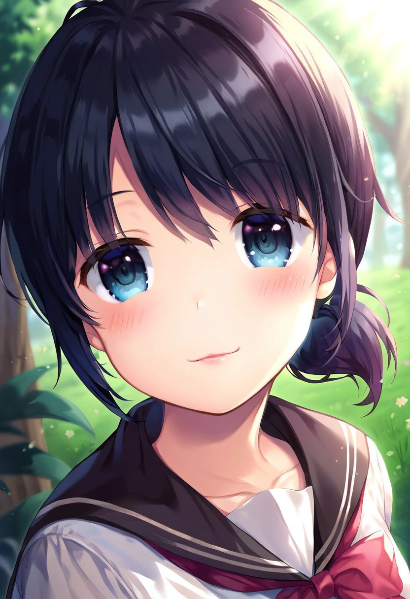 tamakake style, Solo, 1girl, female, young, small breast, small body, black hair, blue eyes, slender body, short hair, ponytail hair, cute face, detailed skin, detailed eyes, perfect eyes, perfect hands, perfect face, perfect anatomy, smile, blush, BREAK school uniform, black shoes, BREAK park, looking at viewer, outdoors, colorful, portrait,  BREAK ((ultra-detailed)), ((best quality)), ((best quality)), ((beautiful eyes)), ((extremely detailed)), 4K, (8K), best quality, (beautiful), Master piece, highres, score_9, score_8_up, score_7_up, score_6_up, score_5_up, score_4_up, colorful, best quality, official art, highres, masterpiece, nai3, god light, detailed background, high quality background,