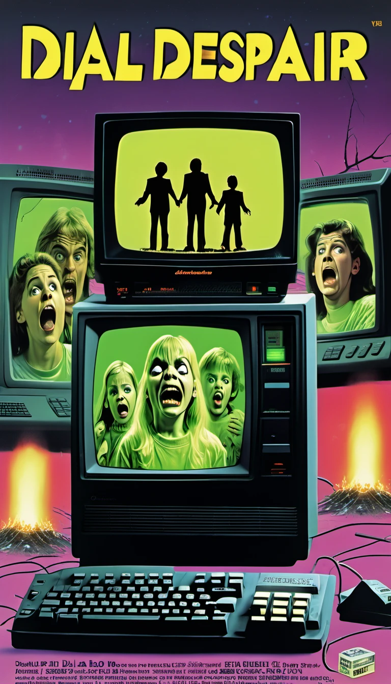 VHS Cover art depicting a family looking horrified at a gigantic glowing 56k modem with ghostly figures emerging from the CRT computer screen. (Include title text "DIAL-UP DESPAIR" in bold neon 90s font at the top.:1.5)  <lora:Everly_Heights_TaleSpinner_Pony_XL:1>